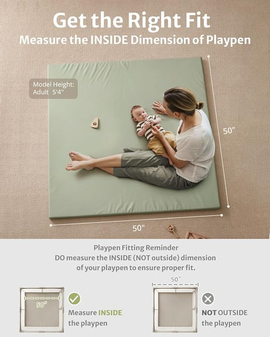 Blissful Diary Vegan Leather Baby Play Mat, 50x50 Thicken Foam Cushioned & Waterproof Playpen Mat for Infants and Toddlers, Stylish and Just Wipe-Clean Playmat for Baby Play on Floor, Light Green